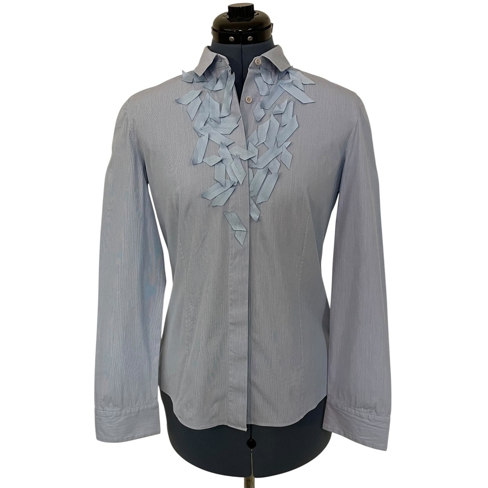 Vtg Akris Punto Blue 3D Ribbon Applique Button Down Blouse Tuxedo Avant Garde 8